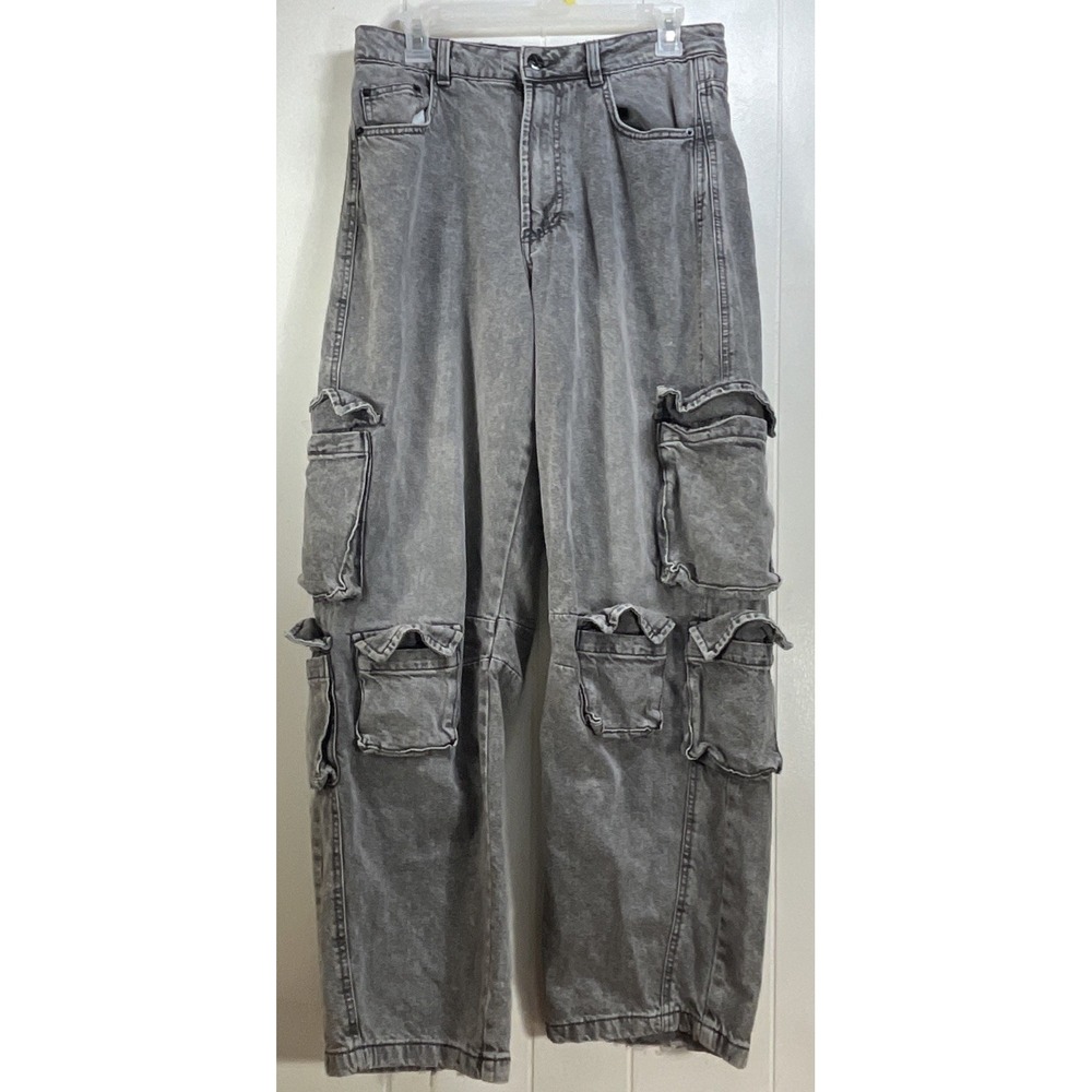Trendy Gray Cargo Wide Leg Jeans